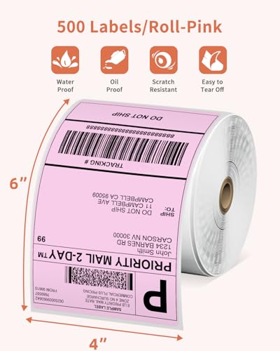 Phomemo 4x6 Thermal Label Printer Paper - 500 PCS Pink 4"x6" Labels Roll Shipping Supplies Labels - Water/Oilproof Stickers - Permanent Adhesive Thermal Shipping Label for Ship Packages - color: Pale Pink, size: 4x6*500