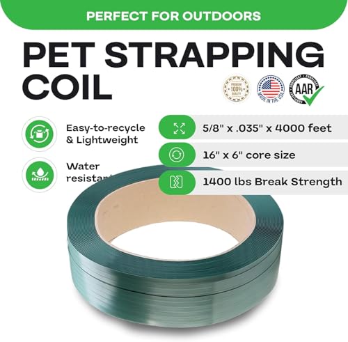 IDL Packaging 5/8" x .035" x 4000' Polyester (PET) Strapping Roll of 16" x 6" Core Size, 1400 lbs Break Strength, Embossed, Green - UV, Water, and Rust Resistance - size: 5/8W" x 4000L' Embossed