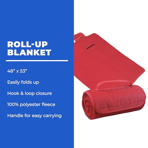 25 Ct of Roll-Up Blankets for Camping, Travel, Outdoors, Beach, Picnics – Red – Hook + Loop Closure for Easy Use in Cars & on Airplanes – Customizable for Promotions & Events - color: Red