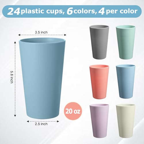 24 Pcs Unbreakable Plastic Cups Set, 20 oz Reusable Plastic Cups, Stackable Water Tumblers, Drinking Cup for Kitchen, Outdoor, BPA-free, Dishwasher Refrigerator and Microwave Safe (20 oz, 6 Colors) - color: 6-Light Multicolor, size: 20 oz