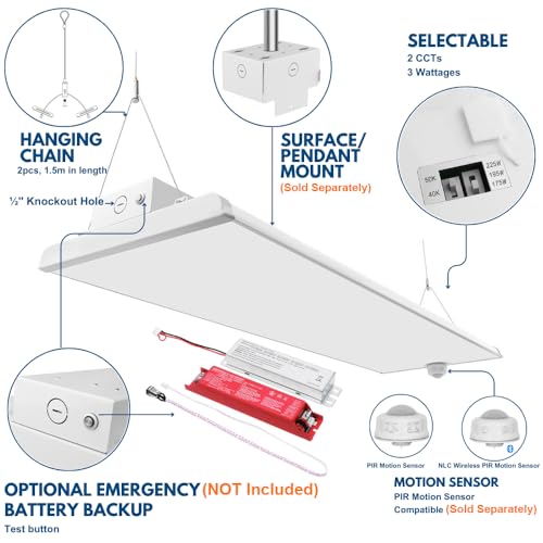 Konlite Pack of 2 ALTA LED High Bay Light - 4FT - 225W/195W/175W - 37,600 Lumens - 5000K/4000K Selectable - 120-277V - 600W Metal Halide Equal - size: 2 PACK - 225W/195W/175W