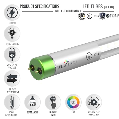 LEDMyplace18W 4ft Hybrid LED Tube Light, 6500K Daylight White, 2400 Lumens, Clear Lens, T8 Single/Double End, Replace 50W, Ballast Compatible Bypass for Supermarkets, Parking, Pack of 15