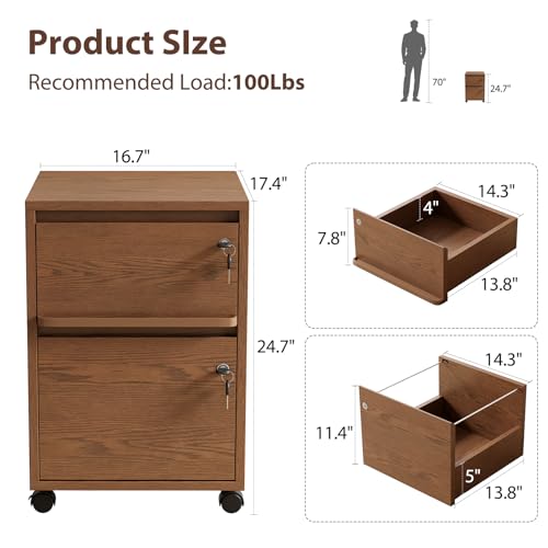 KungFuWood Wheeled Double-Drawer Filing Cabinet, Lockable Mobile File cabinets, Suitable for Home Offices or Storage cupboards for Storing Legal documents or Letter-Sized Files. - color: Walnut