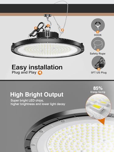 UFO LED High Bay Light 250W 6 Pack ,37500LM 5000K IP65 with 5FT US Plug - size: 250W