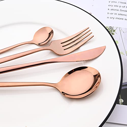 24-Piece Mirror Copper Polished Flatware, 18/0 Stainless Steel Dinnerware Set Include Knife Fork Spoon Teaspoon Cutlery Set For Home Restaurant and Party Service For 6, Dishwasher Safe - color: Copper