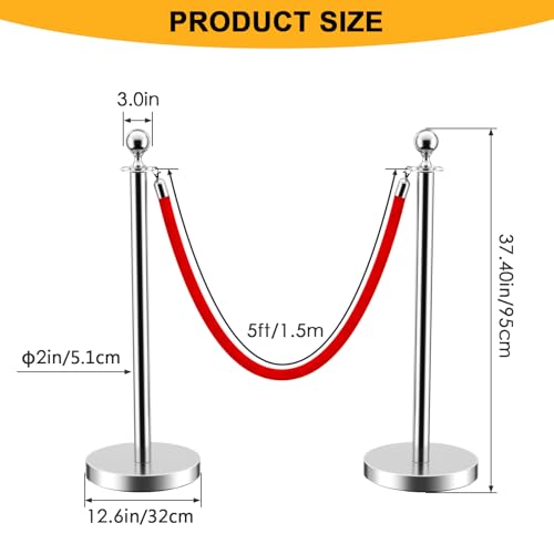 LOVMOR Crowd Control Stanchion, Rope Safety Barriers with 5 ft Red Rope, Red Carpet Poles for Theaters Hotels Clubs Party Ceremony, 4PCS - color: Silver-4pack