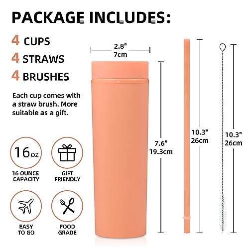 Volhoply 16oz Plastic Skinny Tumbler With Lid and Straw Bulk 4 Pack,Insulated Double Wall BPA Free Matte Acrylic Tumblers,Iced Coffee Travel Mug Reusable Party Cup,Customizable Diy Gifts(Orange,4 Set) - color: Orange