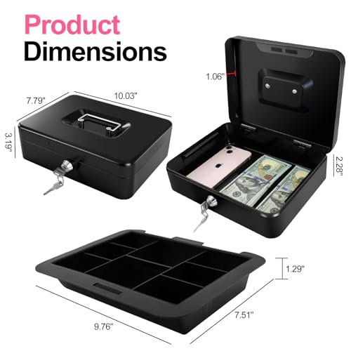 10" Cash Box with Money Tray, Black, Large - color: Black, size: Large