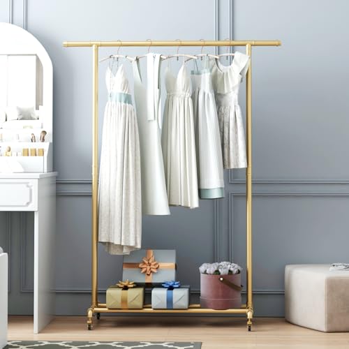 Industrial Pipe Clothing Rack, Heavy Duty Metal Clothes Rack With Wheels, Rolling Garment Rack with Bottom Shelf for Home Boutique Use (Gold)