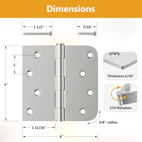 Luxbaro 6 Pack Brushed Nickel Door Hinges 4 Inch, Exterior Door Hinges with Square & 5/8" Radius, Removable Pin, Perfect for Heavy-Duty Front & Back Door, Antirust & No Squeaks - color: Brushed Nickel, size: 6 Pack