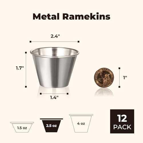 Fit Meal Prep [12 Pack 2.5 oz Stainless Steel Dipping Sauce Cups, Reusable Metal Ramekins, Commercial Grade Condiment Bowls, Individual Portion Cups, Small Round Au Jus Cup for Home, Restaurant - size: 2.5 oz
