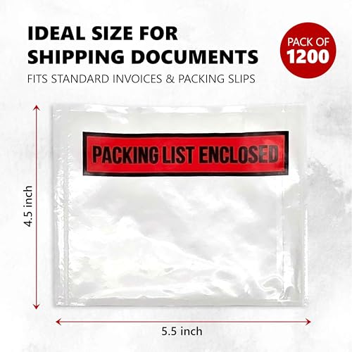 Pack of 1200 Packing Slips Pouches 4.5" x 5.5", Clear Adhesive Invoice Packing Slip Envelopes Pouches, Shipping Label Sleeves, Top Loading Packings List Enclosed Packings Lists Envelopes Pouches