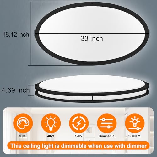 33 Inch Oval Black Ceiling Light Fixture for Living Room - 33” Black LED Flush Mount Ceiling Lamp 3000K/4000K/5000K LED Kitchen Bathroom Light 40W 2500LM - color: Black, size: 33 inch - 1 Pack