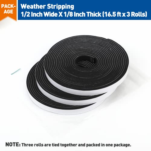 MAGZO Weather Stripping Door Seal, 1/2 Inch Wide X 1/8 Inch Thick Adhesive Foam Tape Soundproof Weatherstripping for Windows, 3 Rolls Total 50FT Black (Pack of 2) - size: 1/2in * 1/8in * 50FT (Pack of 2)