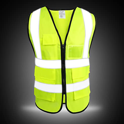 5 Pockets High Visibility Reflective Safety Vest,Zipper Front, Meets ANSI/ISEA Standards - color: Yellow, size: X-Large