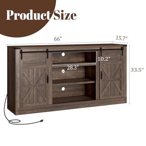 Hlivelood 66" Farmhouse TV Stand for 75 Inch TV, 33" Tall Entertainment Center with Power Outlets & Sliding Barn Door, Wood TV Stands with Storage, TV Media Console for Living Room, Brown - color: Brown