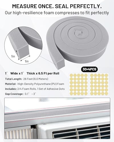 Air Conditioner Window Seal, 4 Roll of 1 in × 1 in × 6.5 ft Foam Stripe with Adhesive for Window AC Insulation, High Density Foam Tape Weather Stripping for Doors and Windows Insulation, AC Foam Tape - color: Grey 4P, size: (1"×1") 6.5FT