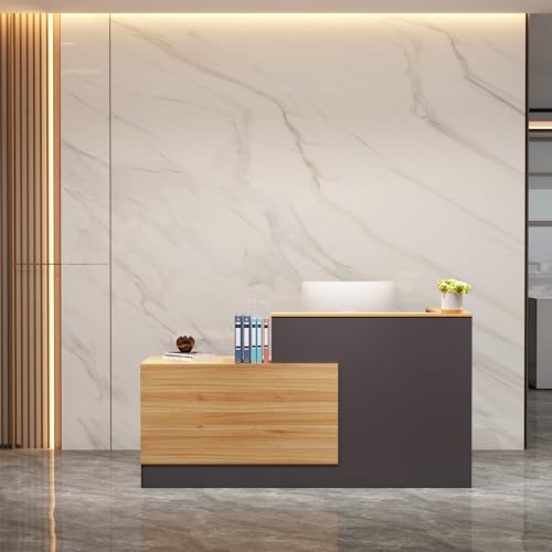 L-Shaped Reception Desk,Large Front Desk with Keyboard Tray, Lockable Drawers & File Cabinet, Receptionist Desk for Checkout,Lobby (Right L-Natural Wood/Slate Gray, 71''L x 23.6''W x 41.3''H)