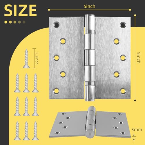 5 Inch Stainless Steel Door Hinges, Heavy Duty Commercial Door Hinges Ball Bearing Hinges for Exterior & Interior Doors, 5" (127mm) x 5" (127mm) Door Hinge with Square Corners, 2 Pack - Silver - color: Silver, size: 2 Pack