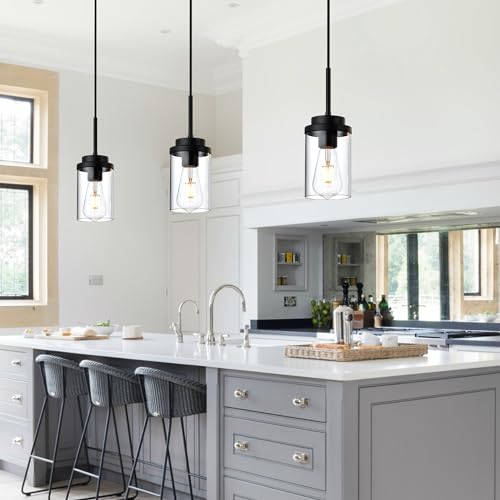MELUCEE 3 Pack Hanging Pendant Lighting Fixtures Black with Clear Glass - color: Black, size: 1 Light-3 Packs Round
