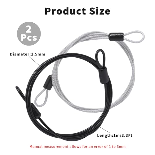 Cable Lock Double Loops 3.3Ft Long Silver & Black Security Cables, Bike Locks Cables 2.5mm Braided Steel Coated Safety Cable Wire Rope for Luggage, Outdoor, Clothesline (2 Pack) - color: Silver & Black, size: 3.3Ft (2 Pack)