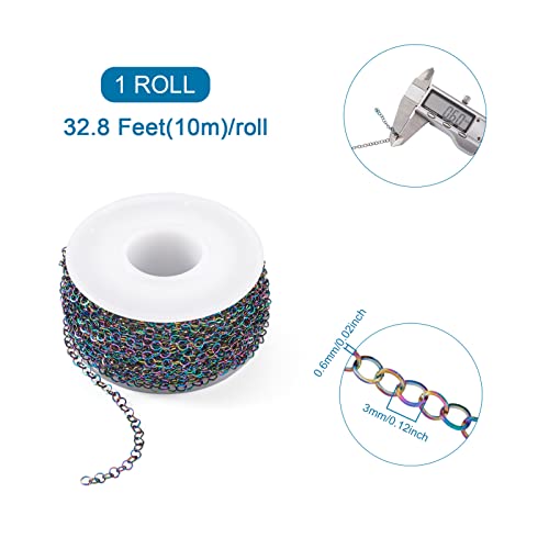 Craftdady 32.8 Feet Stainless Steel Rolo Cable Chain Link Multi-Color Round Cross Chain 3mm with Spool for Jewelry Pendant Necklace Bracelet Making - color: Multi-Colors, 10 Meters, 3x0.6mm
