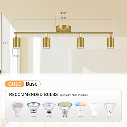 BoostArea Gold LED 4 Light Track Lighting Kit, 4 Way Ceiling Spot Lighting, Flexibly Rotatable Light Head for Kitchen, Living Room, Bedroom, Bulb Not Included - color: Gold
