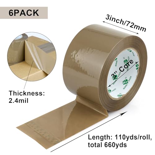 BOMEI PACK 3 inch Brown Packing Tape, 6 Refills Rolls Wide Packaging Tape for Moving, Shipping and Storage, 2.4 Mil x 110 Yards - size: 2.4mil x 110yds