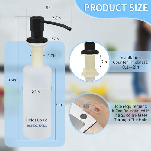 Soap Dispenser for Kitchen Sink Black Built in Soap Dispenser Pump Dish Liquid Countertop with Bottle - color: Matte Black