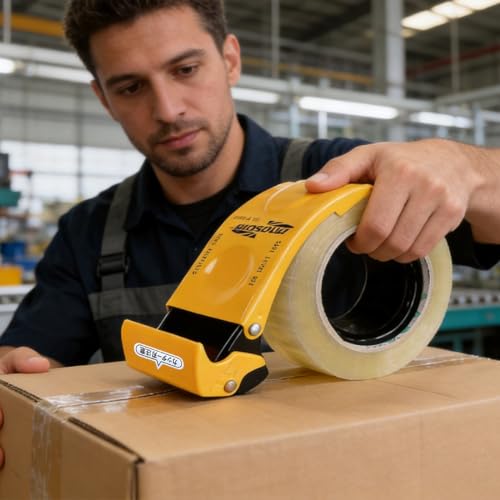2 Pack Metal Packing Tape Dispenser Gun, Metal Tape Gun Fits Packaging Tape with Dispenser up to 2 Inches, Adjustable Brake Tape Gun Handheld Sealing Cutter for Warehouse Tools (Yellow+Green)