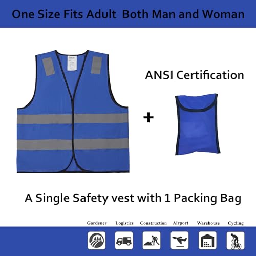 Blue Safety Vests 10 Pack - Reflective High Visibility Construction ANSI Class 2 Work Vests for Men,Woman,Hi Vis Mesh and Neon Silver Strip - color: Blue