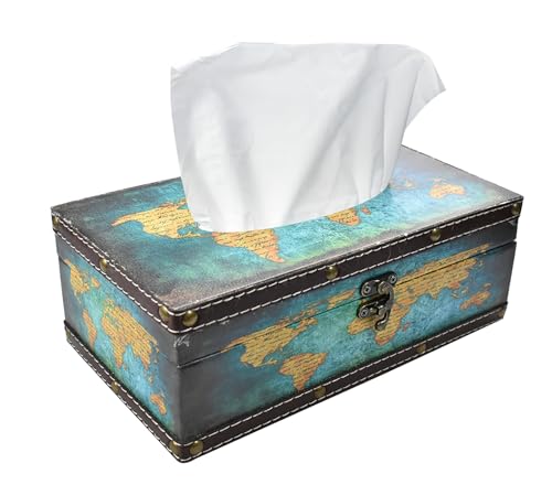 Wood Tissue Box Cover with PU Leather & Vintage Pattern - Rectangle Decorative Tissue Holder for Home, Car, Office, Bathroom, Desk - Fits Standard Medium Tissues with Lid (Green Map) - color: Green Map