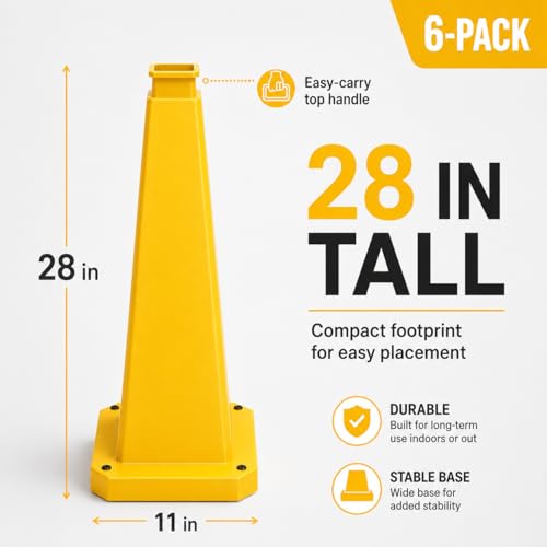 BESEA 6 Pack 28 Inch Yellow Traffic Cones with Weighted Base - color: Yellow, size: 28INCH