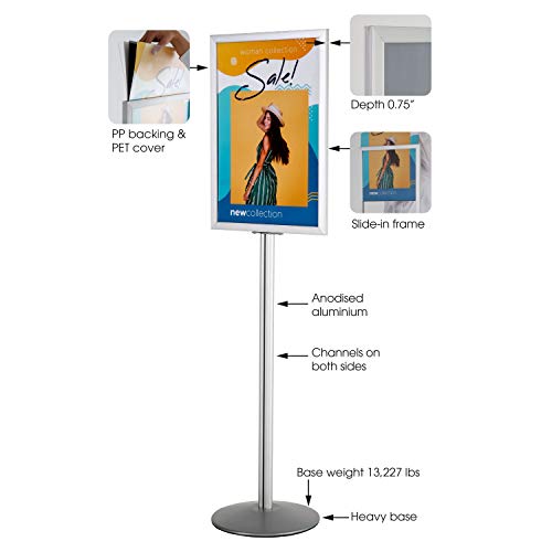 M&T Displays Sign Holder Stand, Silver 22x28 Inch Poster Frame Double Sided Slide-In Aluminum Easy Loading Floor Standing Pedestal Advertisement Post Commercial Menu Holder Round Heavyweight Base