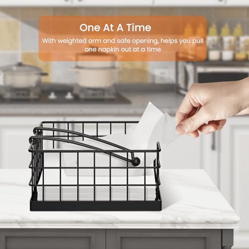 Homode Napkin Holders for Paper Napkins, Farmhouse Napkin Holder for Table, Flat Napkin Basket with Weighted Arm, Square Napkin Dispenser for Kitchen, Black - color: Black