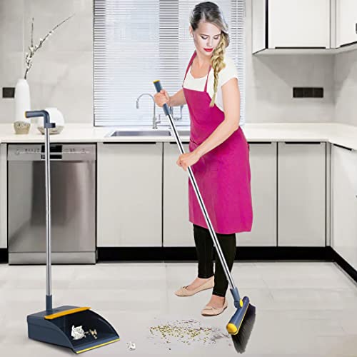 Broom and Dustpan Set for Home, Long Handle Dust Pan and Broom Combo for Indoor Outdoor Heavy Duty Dustpan Set for Kitchen Lobby Office Upright Standing Dustpan with Teeth (Blue) - color: Blue