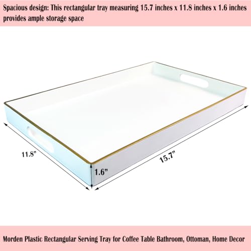 Large White Rectangular Decorative Tray – Plastic Serving Tray with Handles for Coffee Table, Ottoman, Living Room, 15.7” x 11.8” x 1.6 - color: Large White Rectangular, size: 15.7" x 11.8" x 1.6" Rectangular