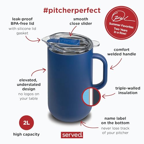 Served Premium Insulated Pitcher (2L/66oz) - Double Walled, Copper Lined Stainless Steel Pitcher with Lid - Vacuum Insulated Carafe for Hot Coffee, Tea, Iced Drinks, Water, Cocktails, and More - color: Berry