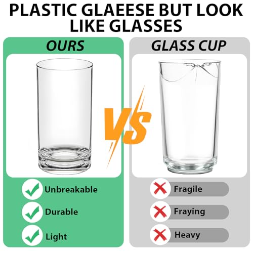 HIGIINC 17 OZ Plastic Cups Reusable Unbreakable Plastic Drinking Glasses Set of 12,Highball Plastic Tumblers & Water Glasses, Acrylic Glasses Drinkware Iced Tea Glasses BPA Free, Dishwasher Safe