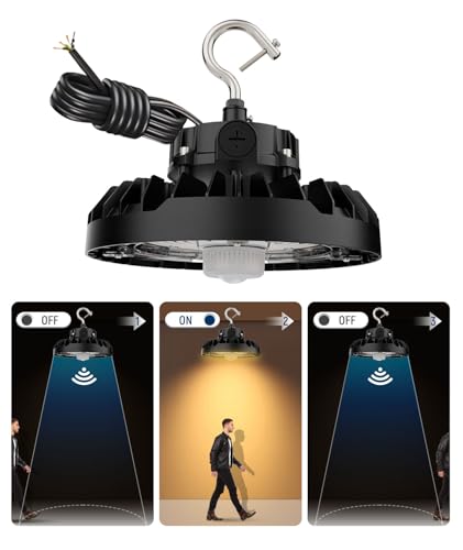 JCE 150W UFO LED High Bay Light with PIR Motion Sensor, 3-Wattage & 3-CCT Selectable, 21,750LM, 750W Eqv, ETL, Dimmable Shop Lights for Warehouse Garage (150W with PIR Sensor-2Packs) - size: 150W with PIR Sensor-2Packs