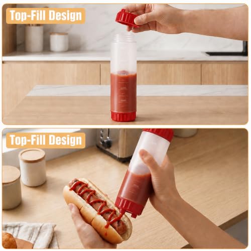 Grevosea 2 Pcs 24 oz Inverted Squeeze Bottles, Valve Condiment Dispenser - color: Red, size: 24 Ounces