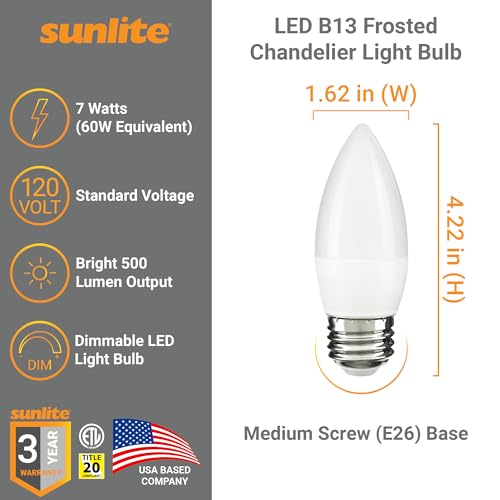 Sunlite LED B13 Torpedo Decorative Chandelier Light Bulb, 7 Watts (60W=), 500 Lumens, 120 Volts, Dimmable, E26 Base, 90 CRI, ETL Listed, Torpedo Frosted, Title-20, 5000K Daylight, 6 Pack - color: 5000k Daylight, size: 6PK Frost