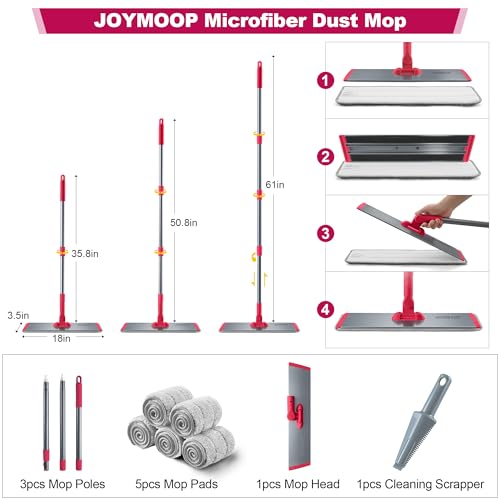 JOYMOOP 18 Inch Microfiber Dust Mop for Hardwood Floors, Heavy Duty Wet Dry Cleaner with Telescopic Handle, Includes 5 Mop Pads, Red-Grey - color: F
