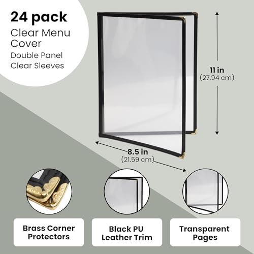 Juvale 24 Pack Clear Restaurant Menu Covers - 8.5 x 11 in Bifold Holders with Double Panels, Black PU Leather & Brass Corners, Durable PVC - Stylish Menu Holders for Restaurants, Cafes & Food Trucks