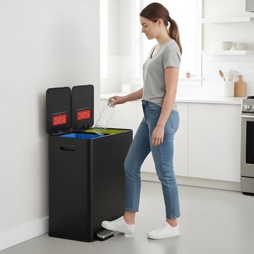 iTouchless 16 Gallon Dual Step Trash Can/Recycle Bin, 2 Odor Filters Incl - color: Matte Black, 16 Gal