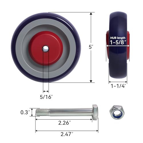 5" Wheels for Cart, 5/16" Axle Shopping Cart Wheels Replacement, Set of 4 Rubber Caster Wheels for Supermarket Grocery Retail Stores (4 Wheel) - style: Purple/Red (5/16'' Bore)