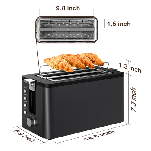 Mecity 4 Slice Toaster, Long Slot Toaster with Timer, Bagel, Defrost, Reheat, Cancel Functions, Warming Rack, Removable Tray, 6 Browning Settings, Extra Wide Slots, Stainless Steel, 1300W - size: 2 Long Slots