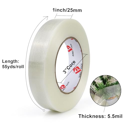 BOMEI PACK Mono Filament Tape,Strapping Tape,Fiberglass Filament Tape Transparent Reinforced Heavy Duty Packing Strips for Shipping Sealing Binding Fixing 1 inch x 55 Yards - size: 1 inch x 55 yards