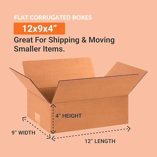 Flat Corrugated Shipping Boxes 12"L x 9"W x 4"H | Single-Wall Kraft Boxes for Shoes, Moving, Packing and Storage (25-Pack) - size: 12x9x4