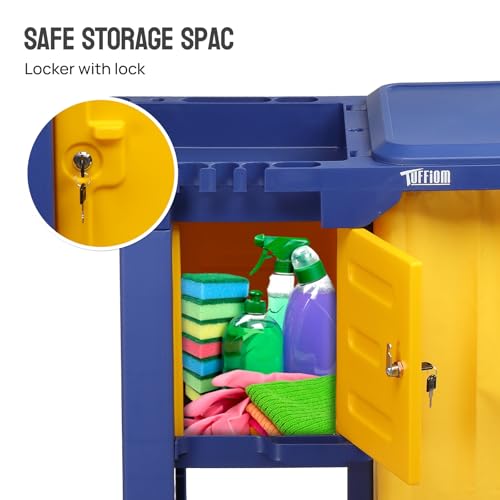 TUFFIOM Multifunctional Janitorial Cart with Key-Locking Cabinet,Cleaning Carts on Wheels,with 15 Gallon Collection Bag,500 lbs Capacity, Yellow&Blue - color: Blue